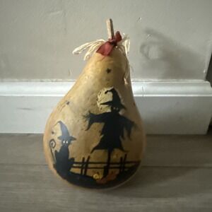Scarecrow Cat Painted Gourd Fall Thanksgiving Halloween Decor 7" Tall